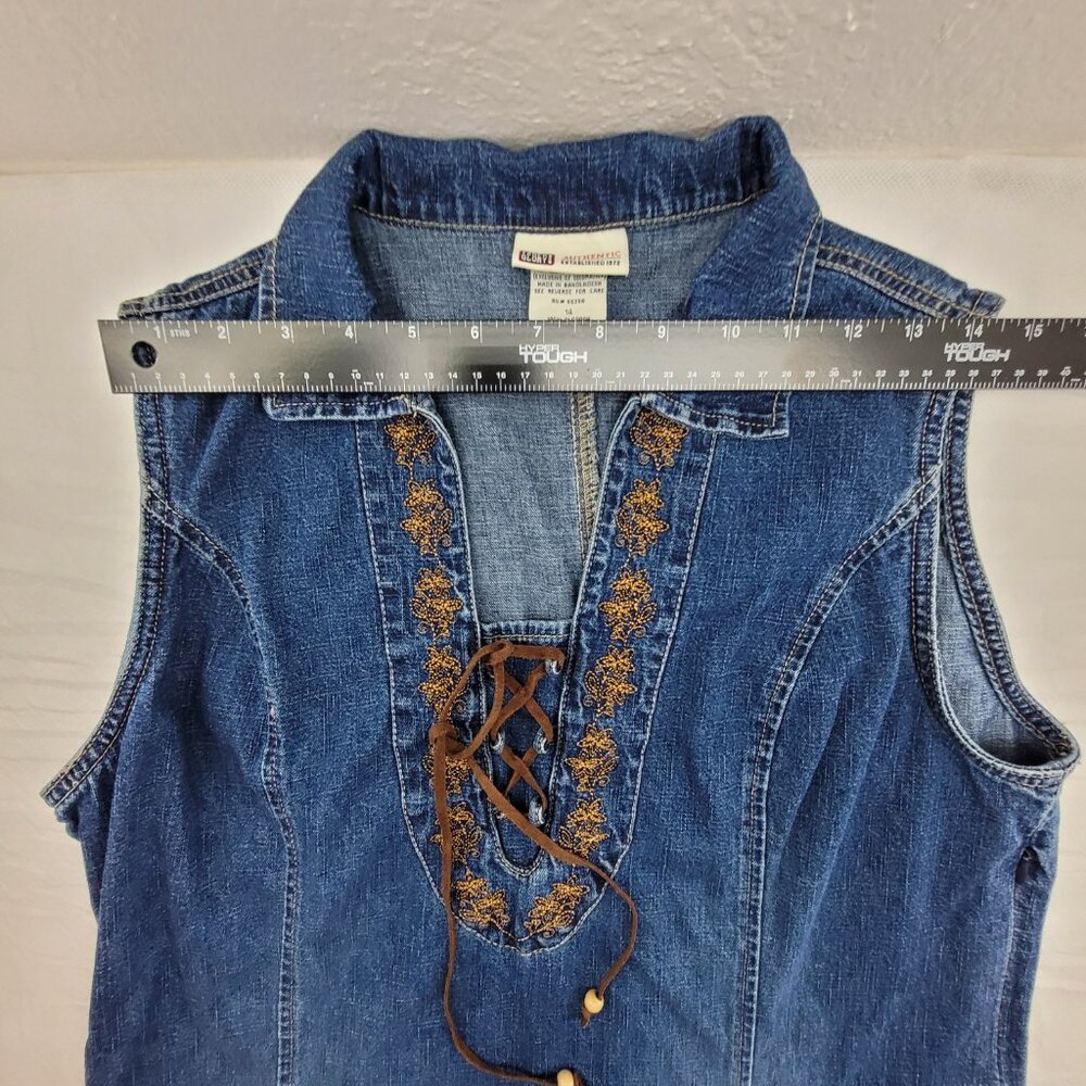 Vintage Faded Glory Dress Women's 14 Blue Denim Leather Lace-up Embroidered Jean - Picture 7 of 11